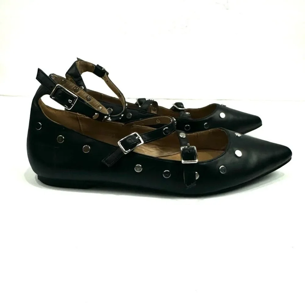 Topshop Women's Black Silver Studded Pointy Toe Strappy Flats Sz 5/38